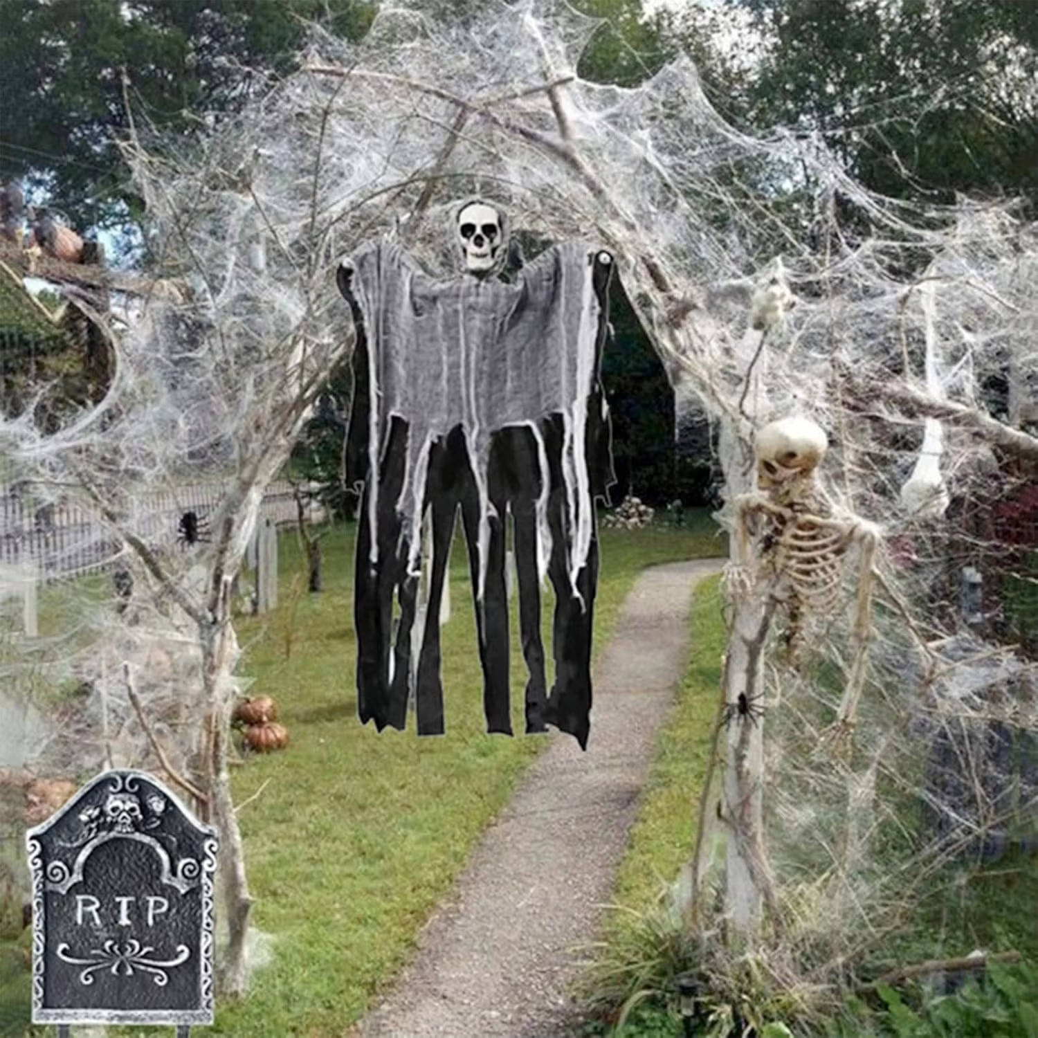 200 Sqft Stretchable Spooky Webs with Creepy Spider Accents