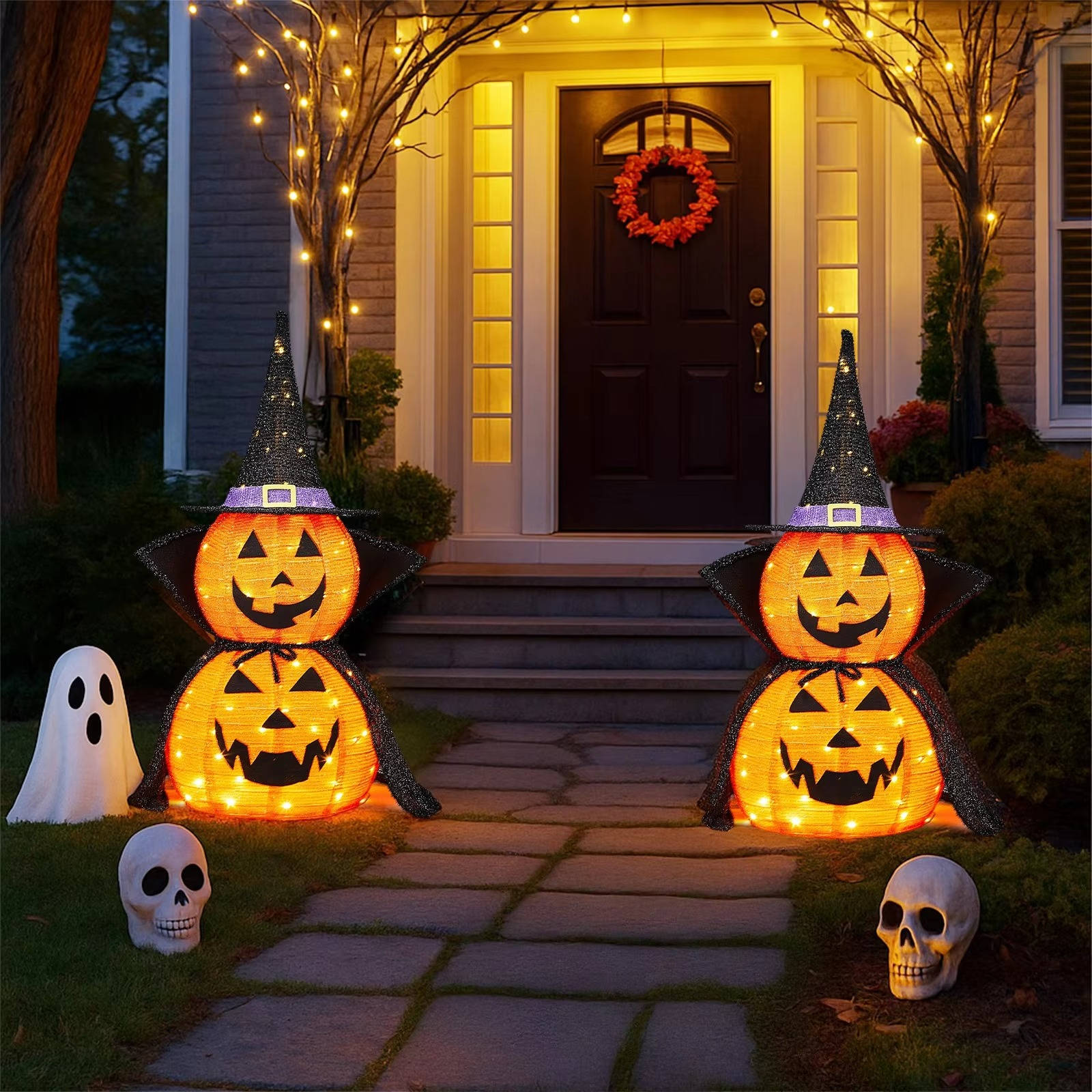 Set of 2 LED-Illuminated 3ft Outdoor Pumpkin Decorations