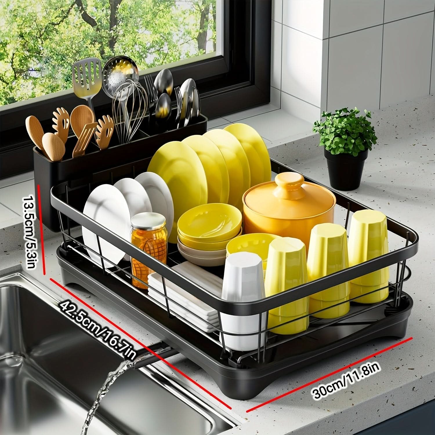 Sleek Dish Drying Rack with Built-In Utensil Organizer