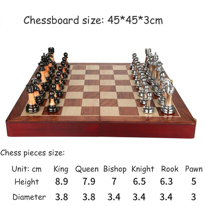 Elegant Metal Chess Set with a Spacious 42 cm Wooden Board