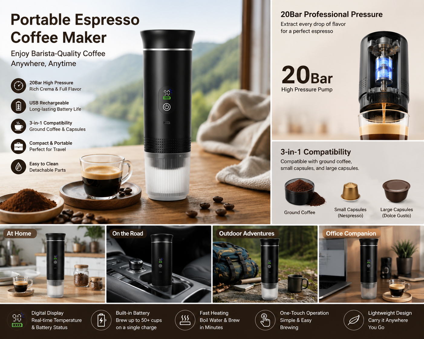 Compact Wireless Espresso Brewer | 20-Bar Pressure & USB Rechargeable