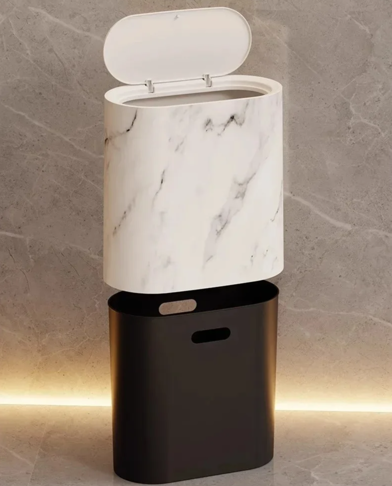 Sleek Marble-Style Waste Bin with Push Lid for Compact Areas