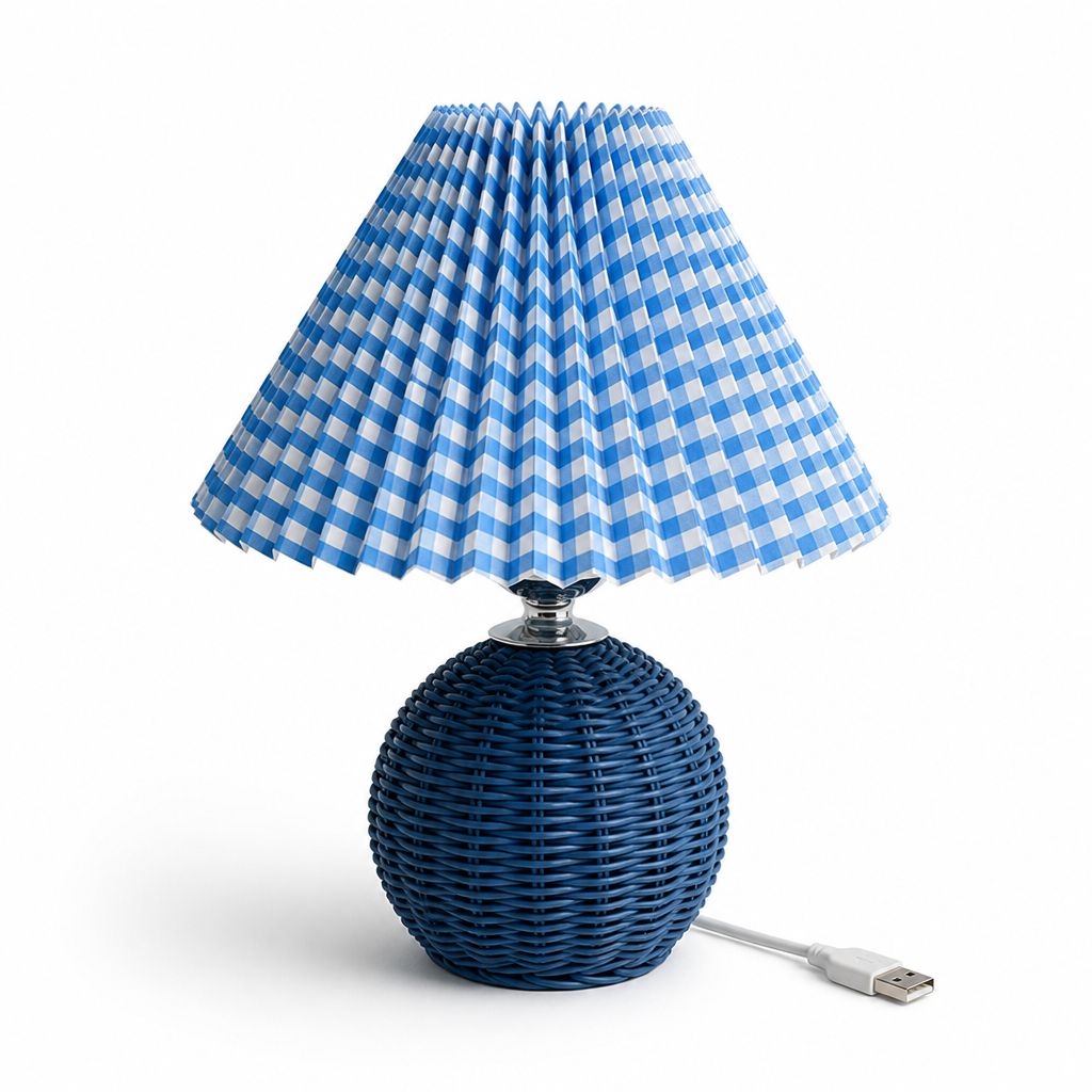 Pleated Fabric Shade & Rattan Base Table Lamp (USB Plug-In)