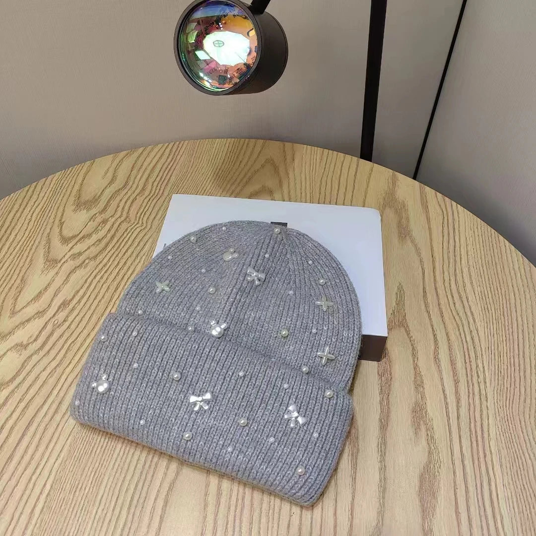 Chic Pearl Detail Knit Beanie for Winter Wear
