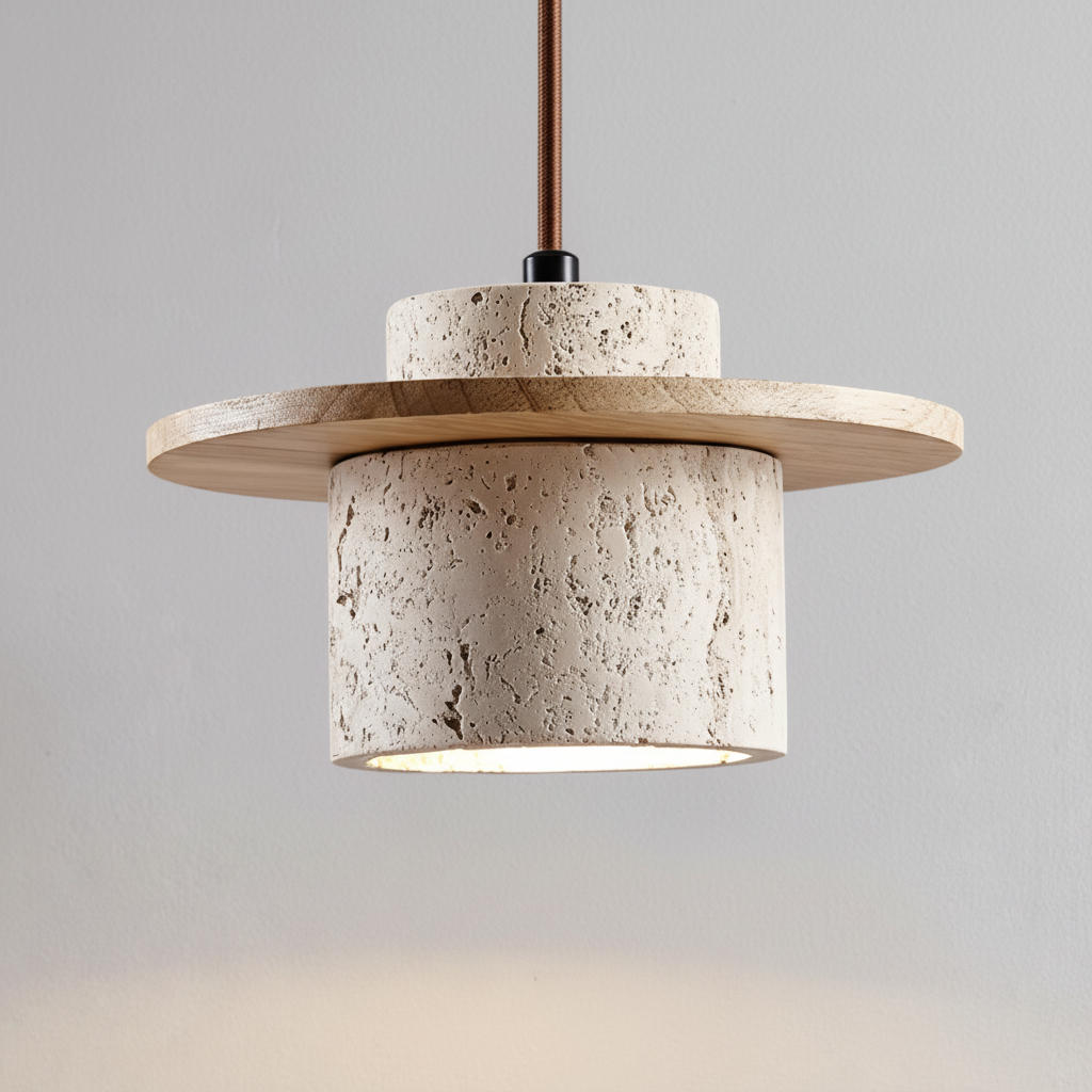 Wood-Look Hanging Lamp in Travertine Finish
