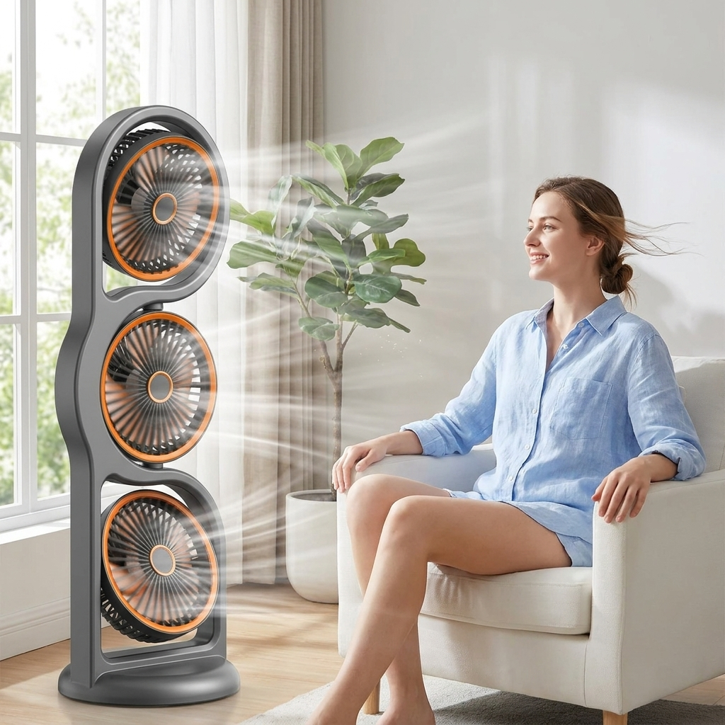 Tri-Head Personal Cooling Fan with USB Rechargeable Battery