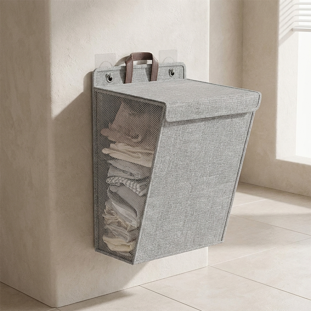 Space-Saving Wall Laundry Organizer with Lid and Handles