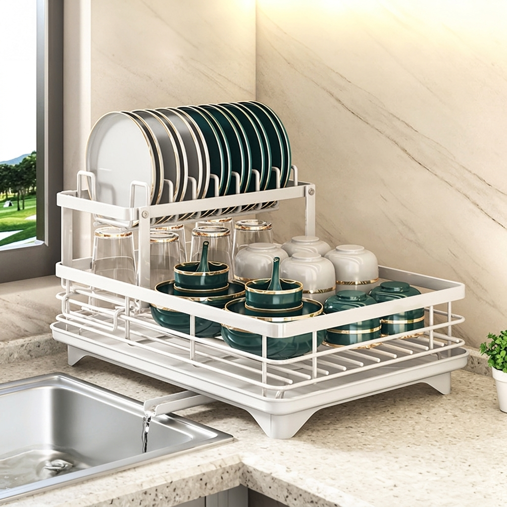 Compact Countertop Dish Organizer with Removable Racks
