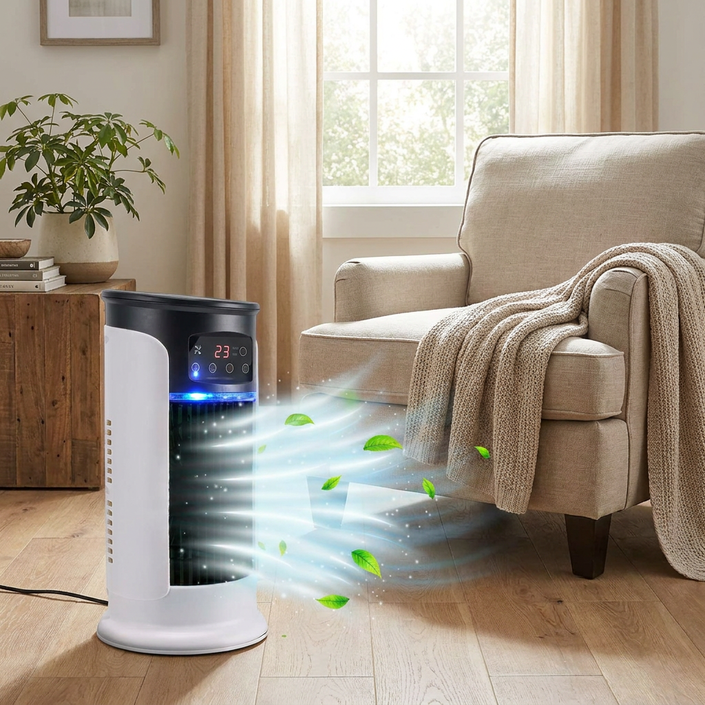 BreezeMate Compact Air Cooler – 18W Personal Fan with Mist & Mobility