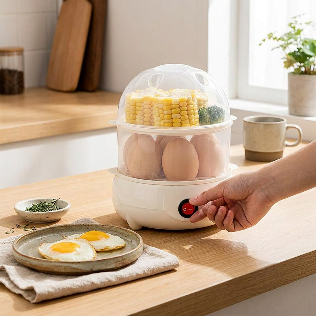 SmartSteam Duo Egg Cooker – 350W Double-Layer Steamer for Eggs & Veggies