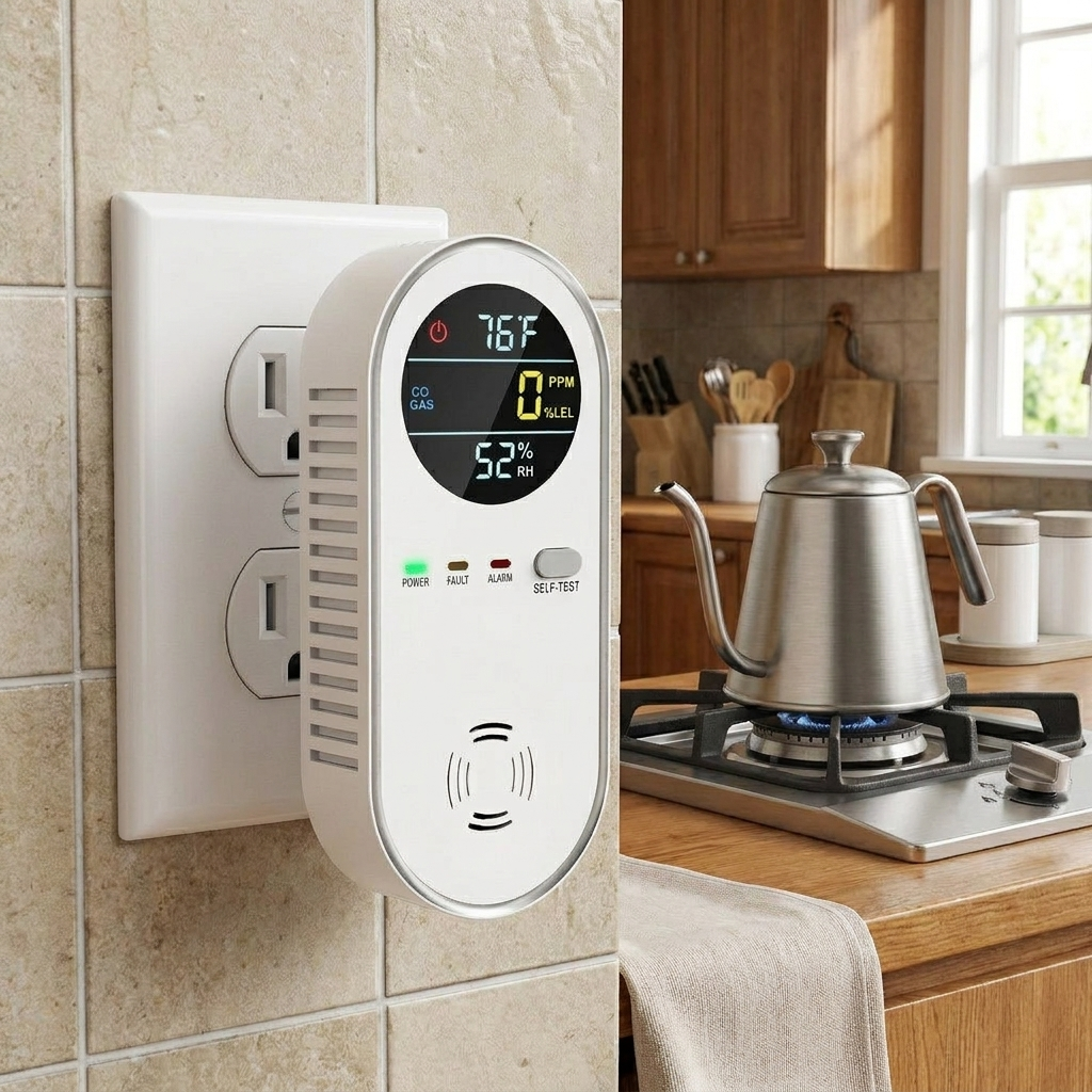 HomeSafe Carbon Monoxide & Gas Safety Monitor – Plug-In CO & Gas Detector with Temperature & Humidity Readings