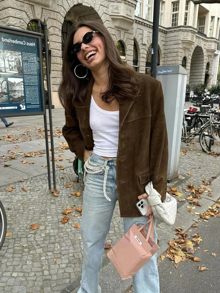 Chic Women's Long Sleeve Suede Jacket with Pockets