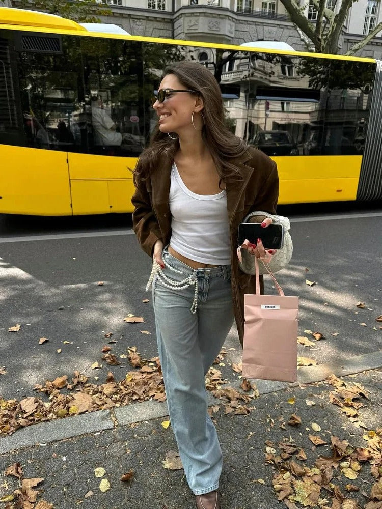Chic Women's Long Sleeve Suede Jacket with Pockets