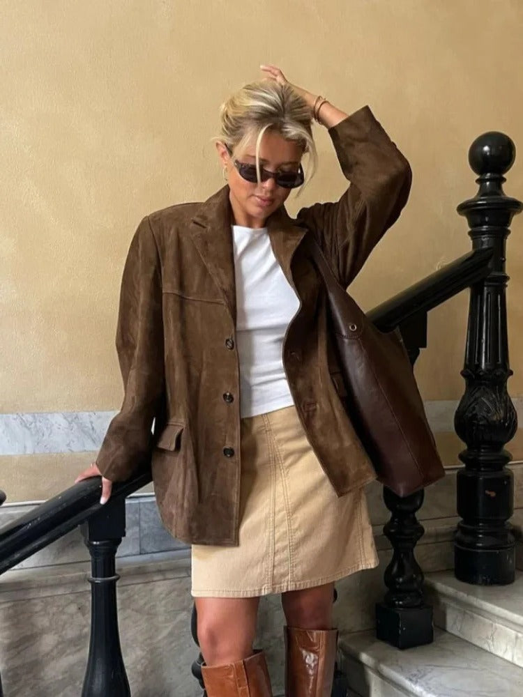 Chic Women's Long Sleeve Suede Jacket with Pockets