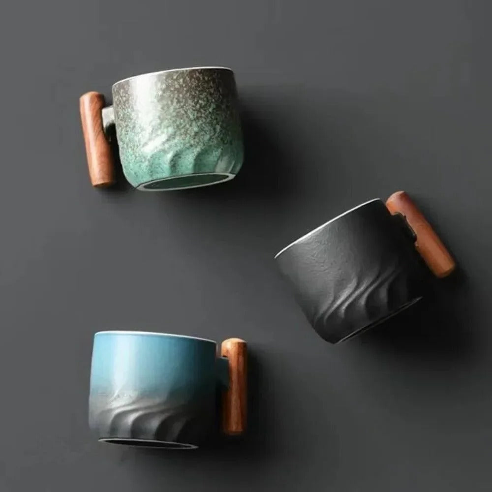 Charming Espresso Mugs with Natural Wooden Handle