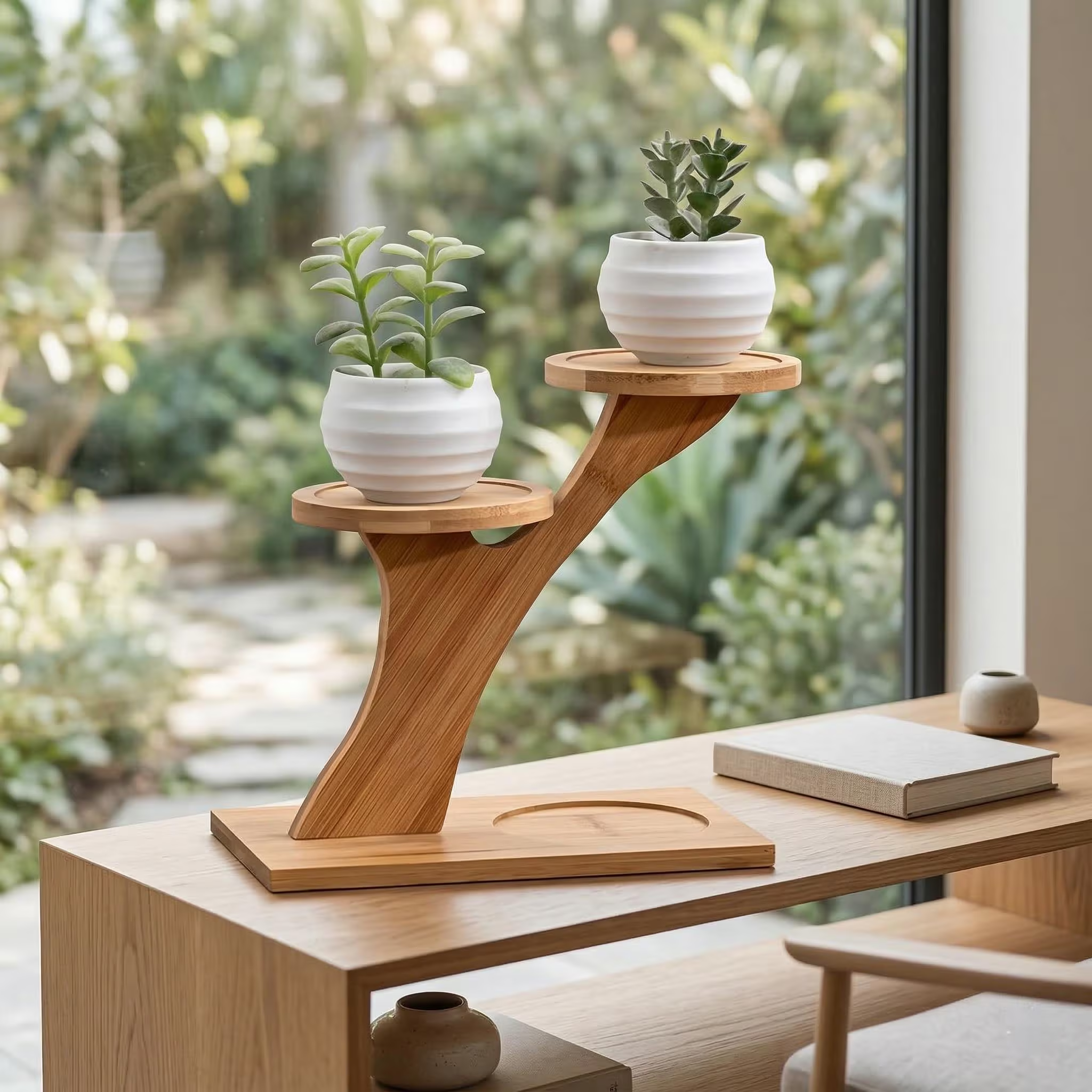 Elegant Multi-Tiered Plant Display Stand in Natural Bamboo