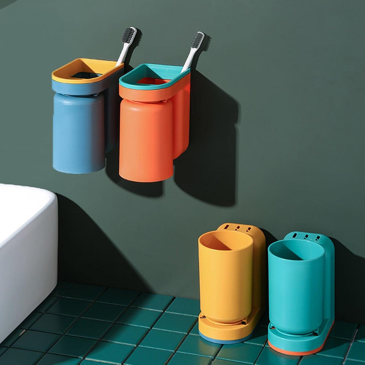 Wall-Mounted Toothbrush Organizer with Adhesive Cups