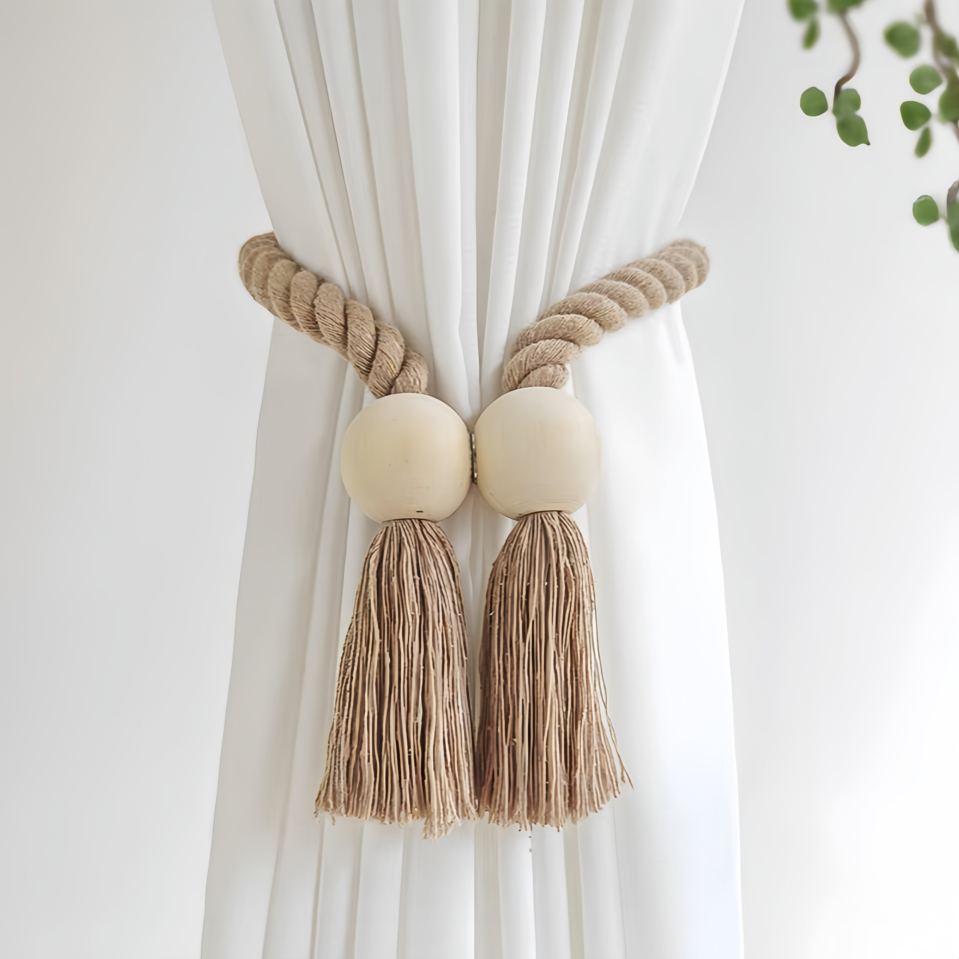 Elegant Curtain Holdbacks with Natural Wooden Accents