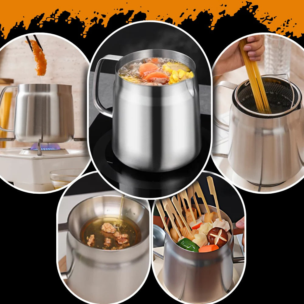 Dual-Function Frying Pot with Integrated Oil Strainer