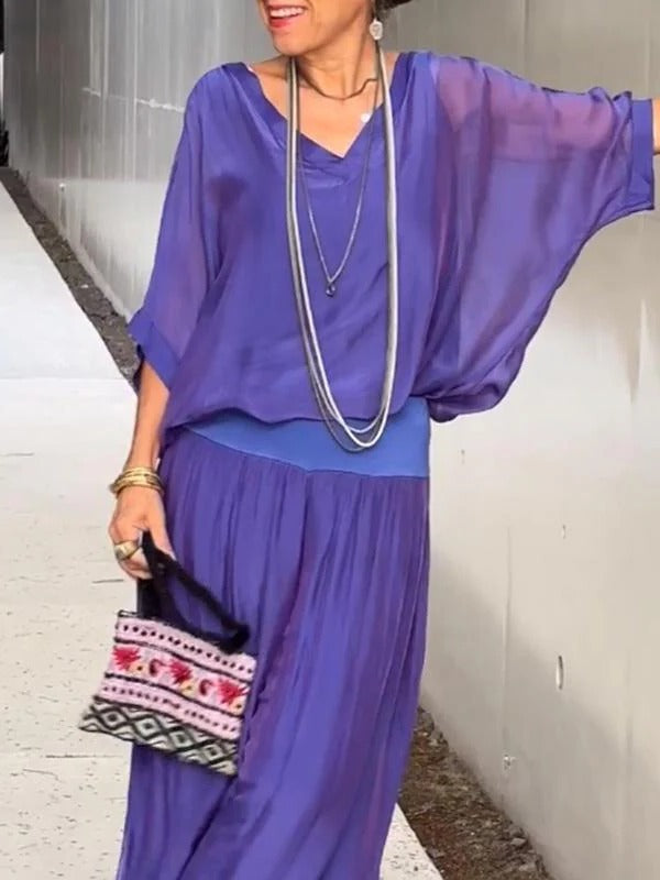 Chic Two-Piece Chiffon Outfit with Flowing Wide-Leg Pants