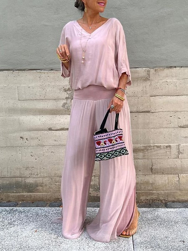 Chic Two-Piece Chiffon Outfit with Flowing Wide-Leg Pants