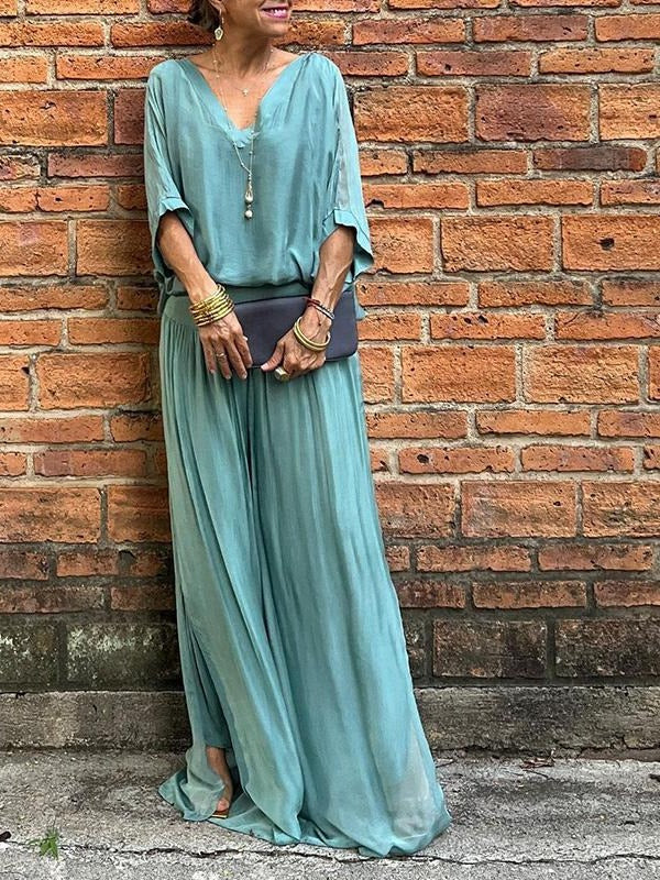 Chic Two-Piece Chiffon Outfit with Flowing Wide-Leg Pants