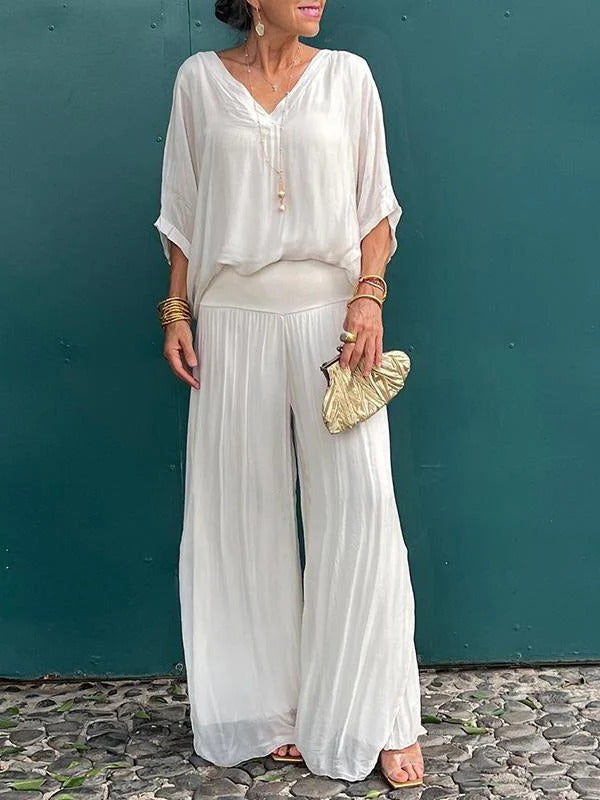 Chic Two-Piece Chiffon Outfit with Flowing Wide-Leg Pants