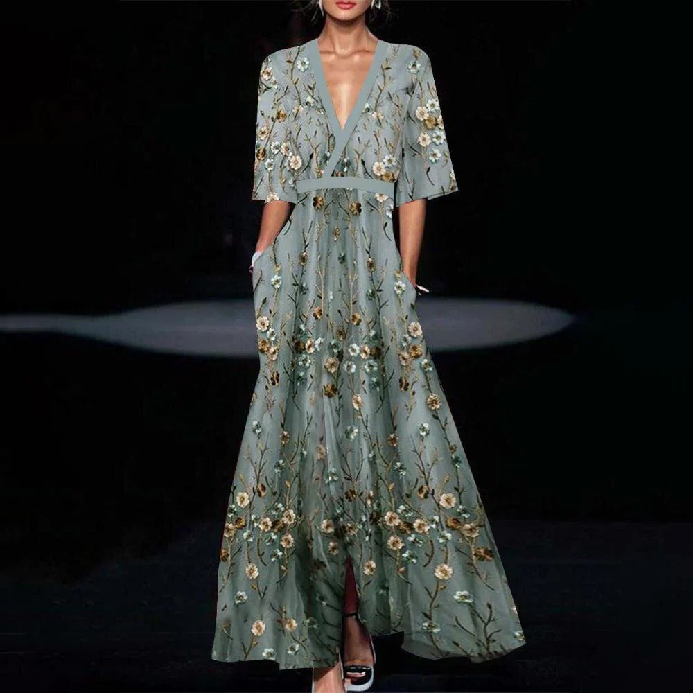 Chic Green Maxi Dress with Elegant Half Sleeves