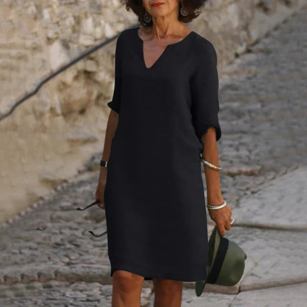 Chic V-Neck Dress with Three-Quarter Sleeves