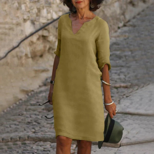 Chic V-Neck Dress with Three-Quarter Sleeves