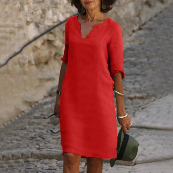 Chic V-Neck Dress with Three-Quarter Sleeves