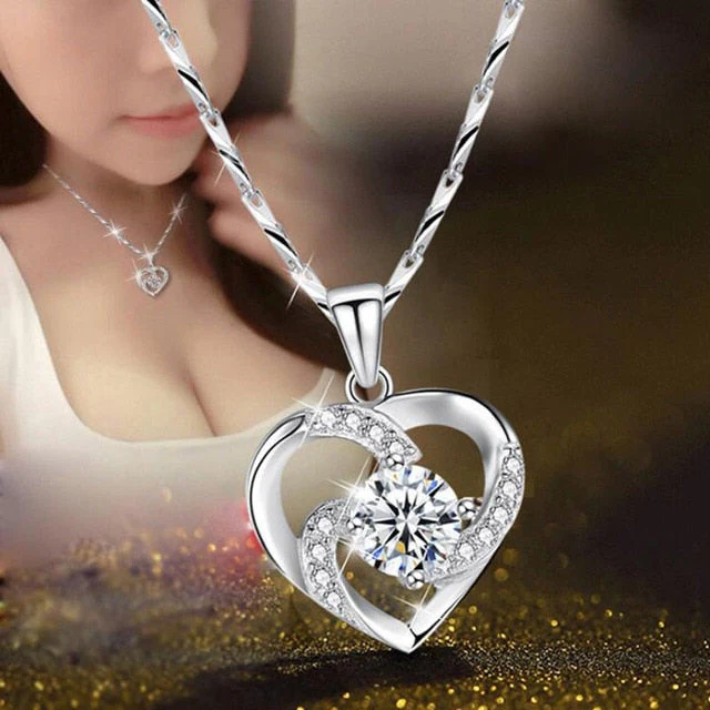 Elegant Silver Heart Pendant Necklace with CZ Crystals