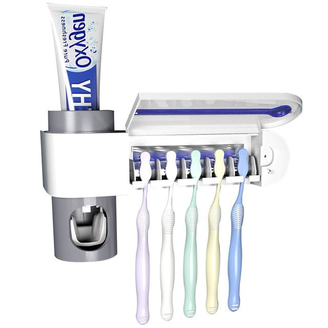 Sanitizing Toothbrush Organizer with Integrated Toothpaste Dispenser