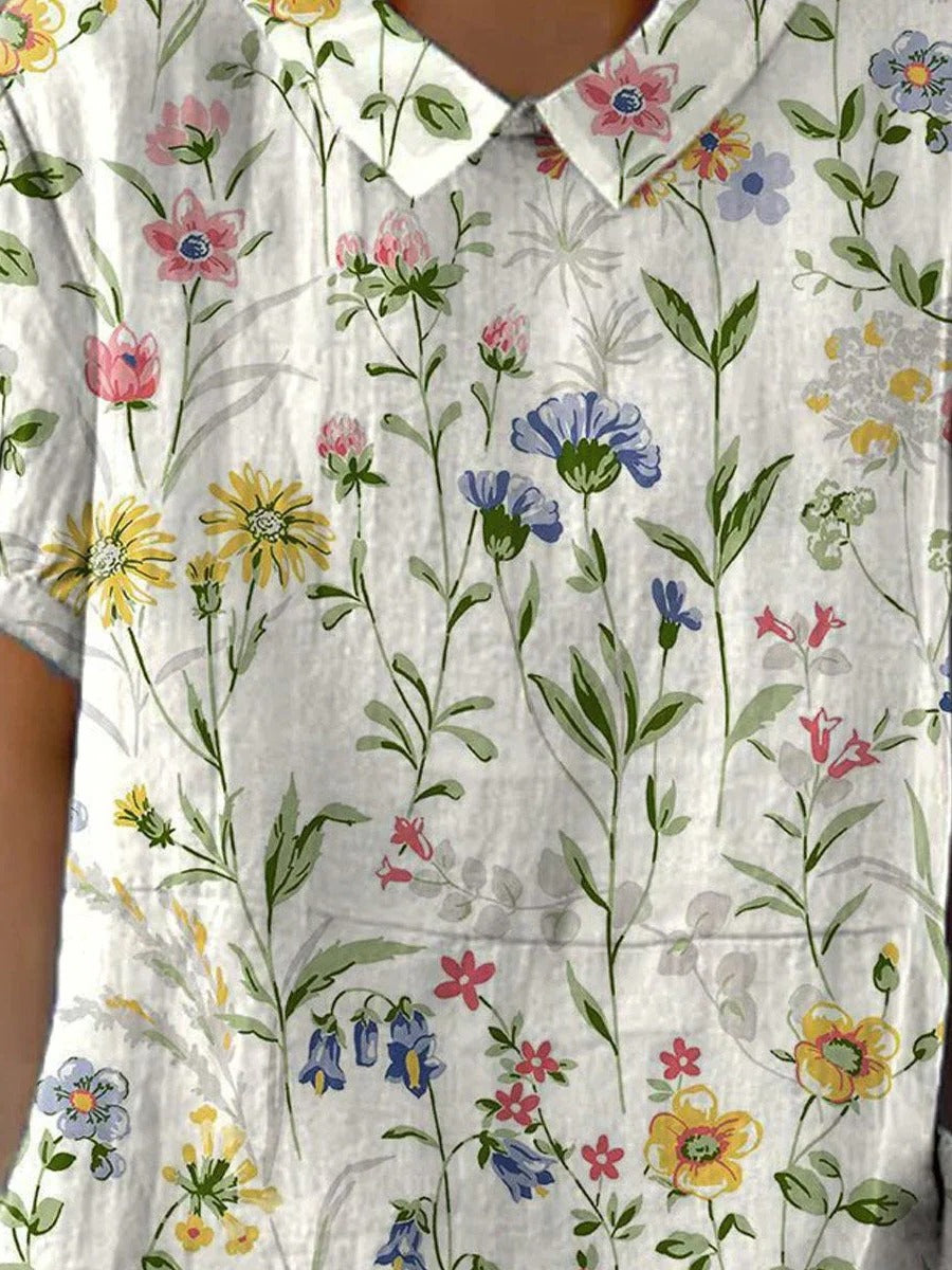Chic Floral Print Cotton-Linen Top for Effortless Style