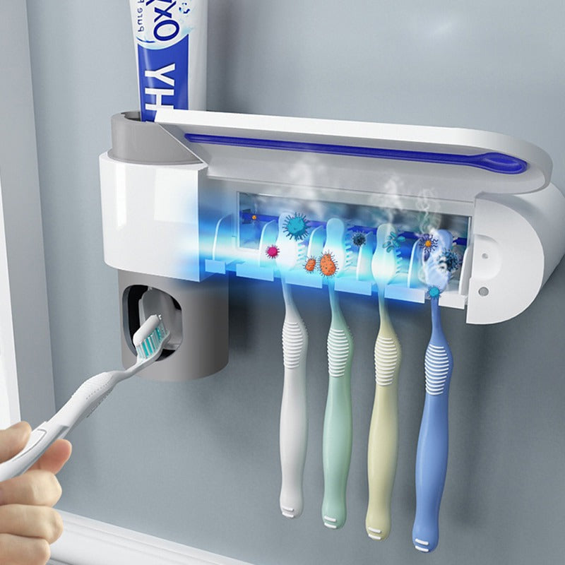 Sanitizing Toothbrush Organizer with Integrated Toothpaste Dispenser
