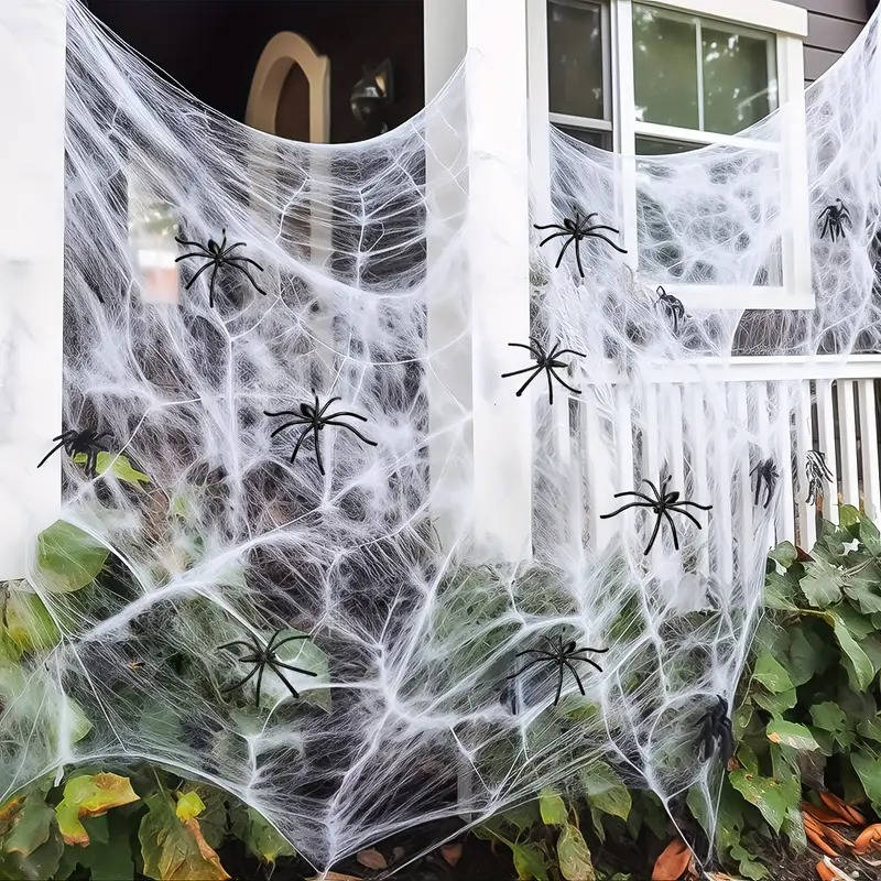 200 Sqft Stretchable Spooky Webs with Creepy Spider Accents