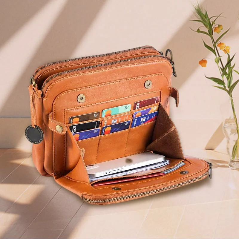 Versatile Three-Compartment Leather Crossbody & Clutch Bag