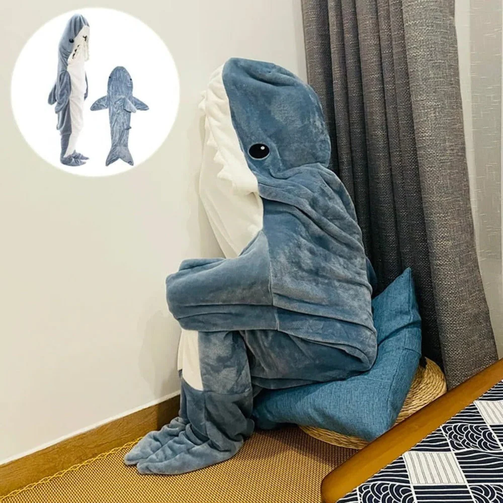 Cozy Shark-Themed Hooded Fleece Blanket