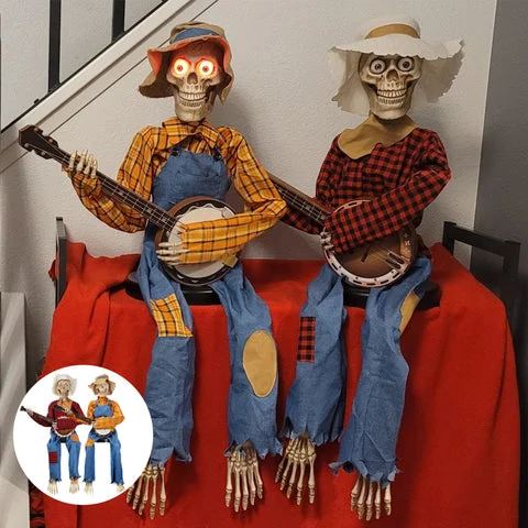 Whimsical Animated Banjo Playing Skeleton Duo
