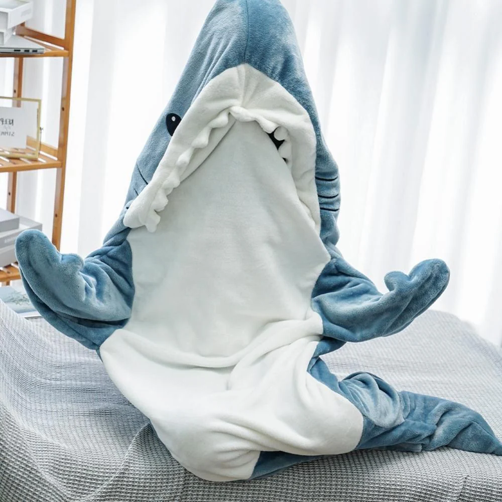 Cozy Shark-Themed Hooded Fleece Blanket