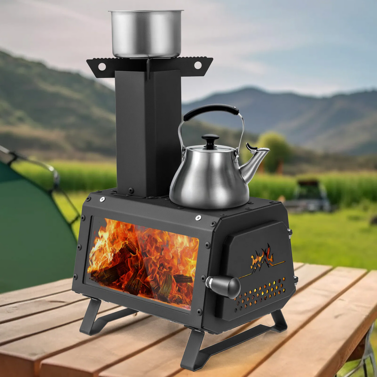 Compact Outdoor Wood Stove for Cooking and Heating