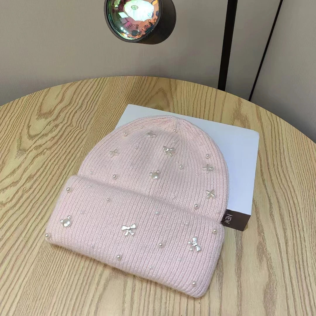 Chic Pearl Detail Knit Beanie for Winter Wear