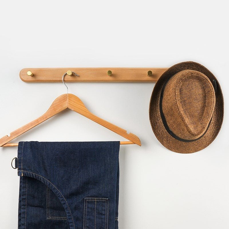 Coat Rack with Brass Hooks - Wooden Wall-Mounted Organizer