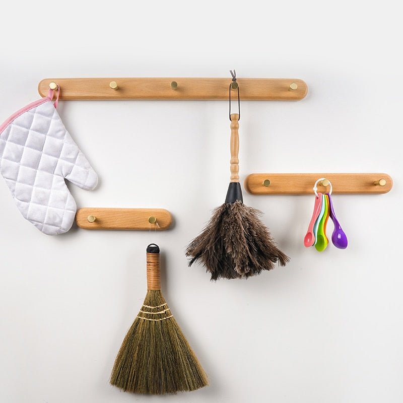 Coat Rack with Brass Hooks - Wooden Wall-Mounted Organizer