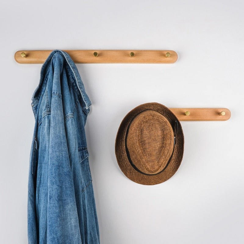 Coat Rack with Brass Hooks - Wooden Wall-Mounted Organizer