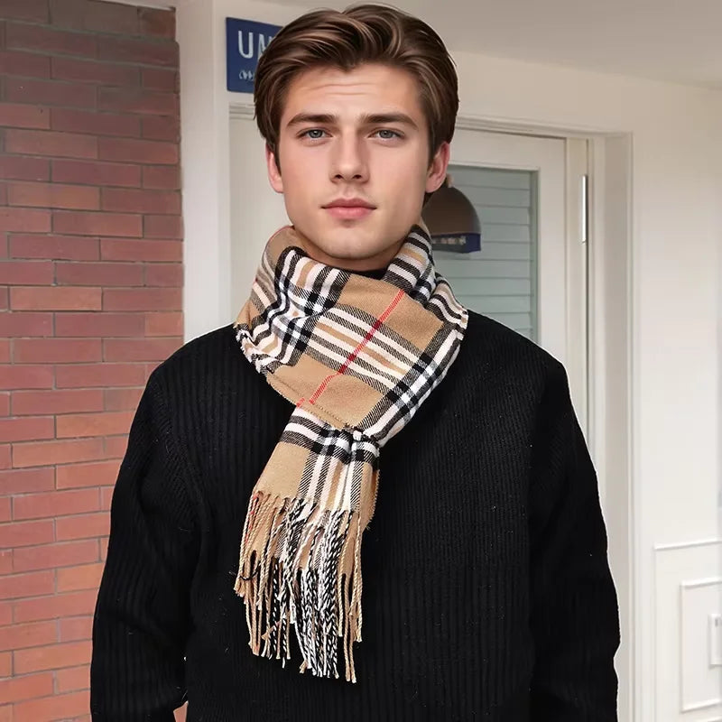 Elegant Plaid Cashmere Blend Winter Scarf for Men