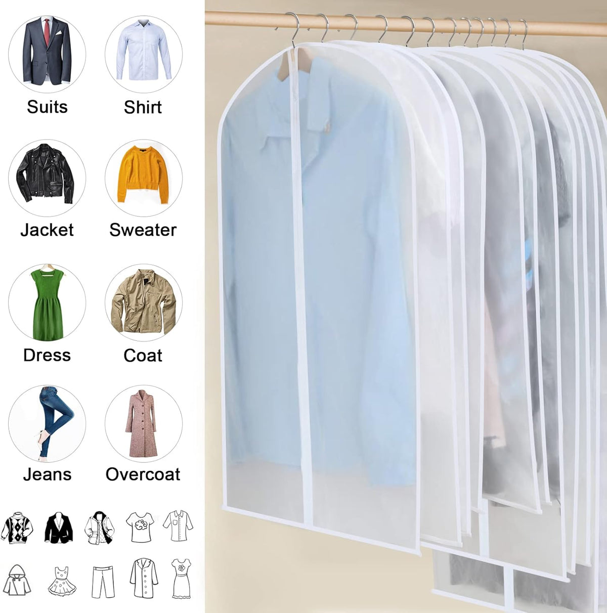 Set of 12 Hanging Garment Covers in 3 Sizes – PEVA Storage Bags