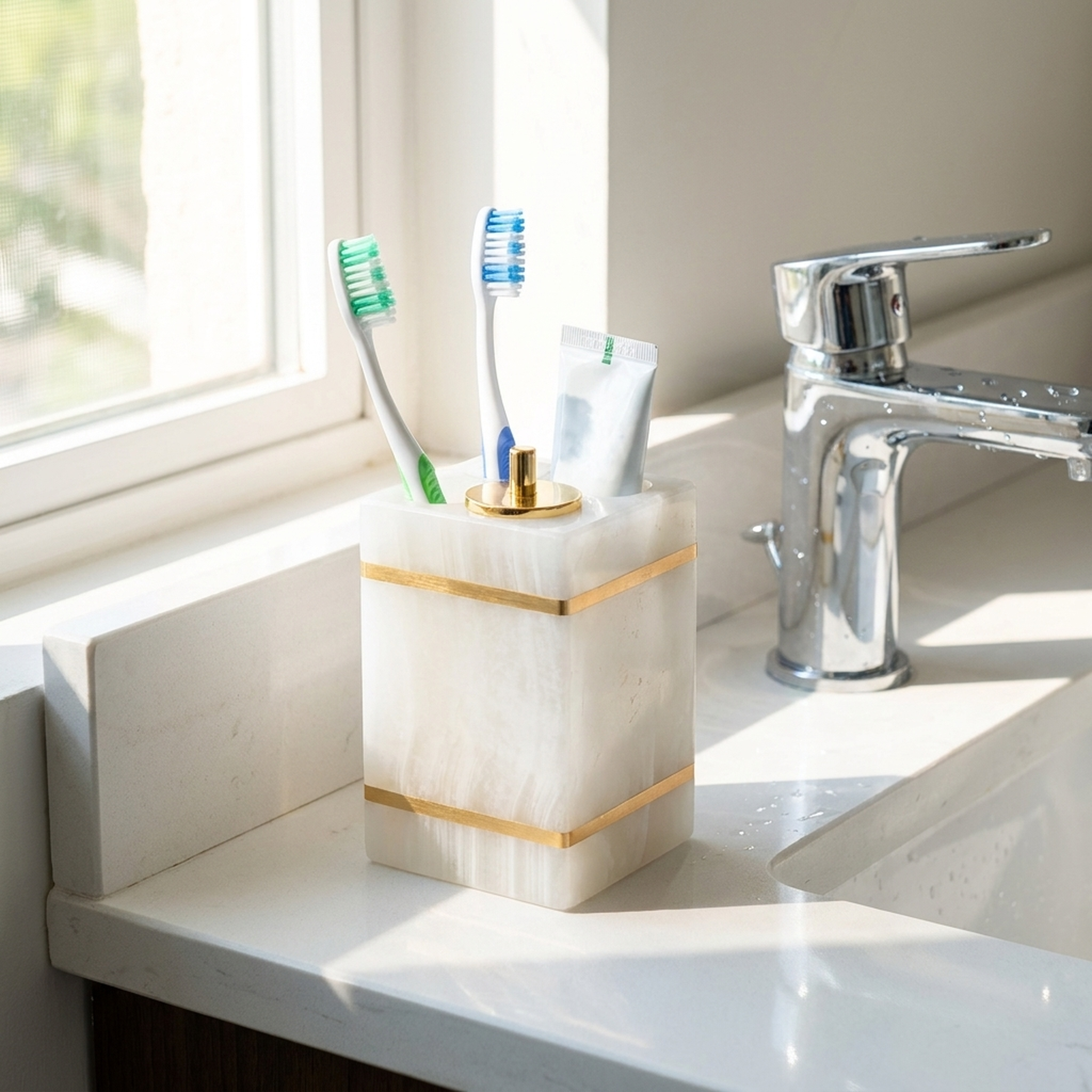 Sleek Marble-Inspired Cup with Elegant Gold Trim for Bathrooms