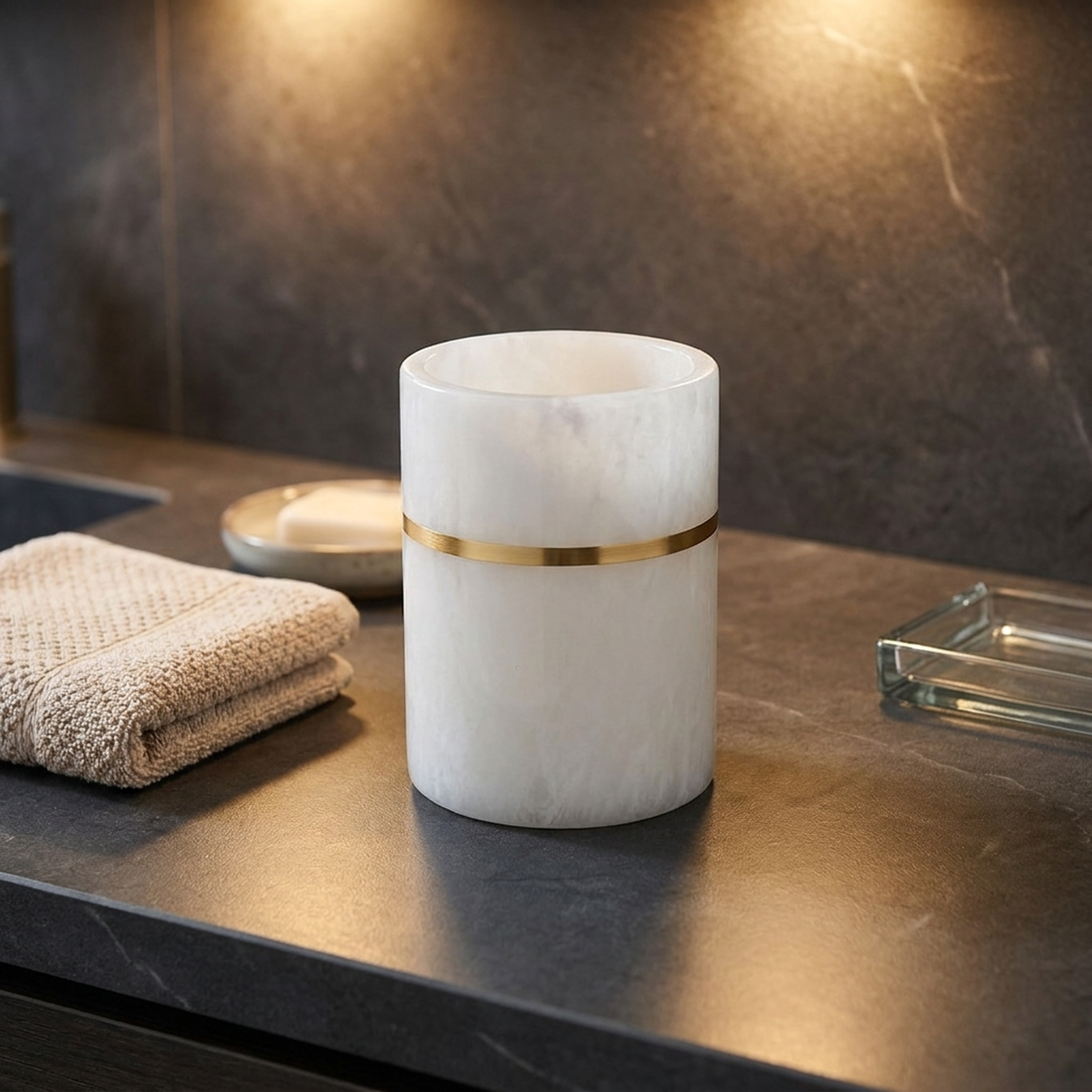 Sleek Marble-Inspired Cup with Elegant Gold Trim for Bathrooms