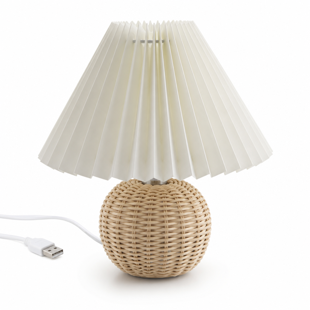Pleated Fabric Shade & Rattan Base Table Lamp (USB Plug-In)